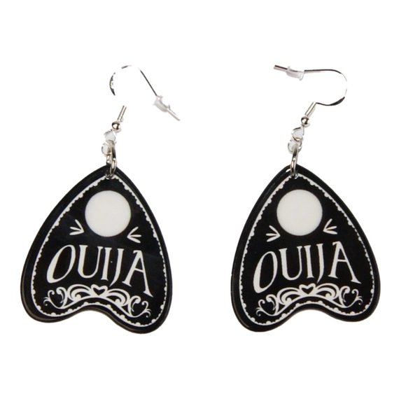 3=$25 Ouija Planchet Black & White Resin Earrings w‎ 925 Silver Hypoallergenic - Picture 2 of 2